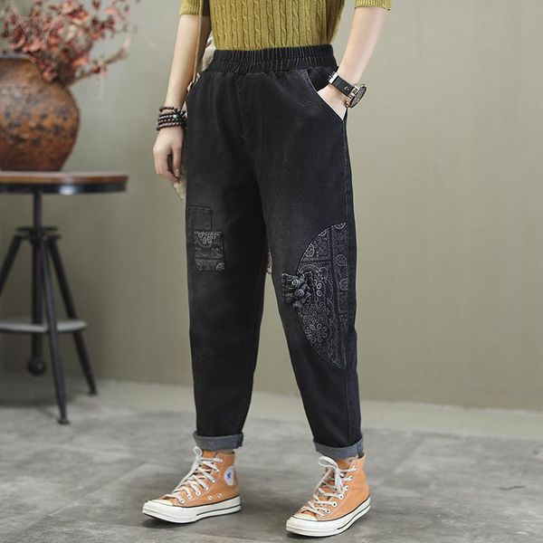 

women's jeans johnature 2021 spring casual retro patchwork plate buckle floral print comfortable full length women denim harem pants, Blue