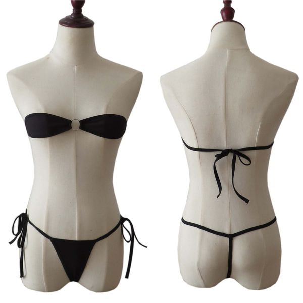 

micro bikini 2019 wrapped chest lace metal ring link open back thong girl swimwear women swimsuit biquini bikinis monokini, Black