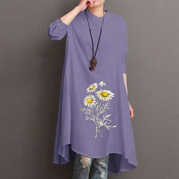 

women's autumn blouse zanzea 2021 elegant printed long casual floral shirts female button asymmetrical tunic plus size 5xl, White
