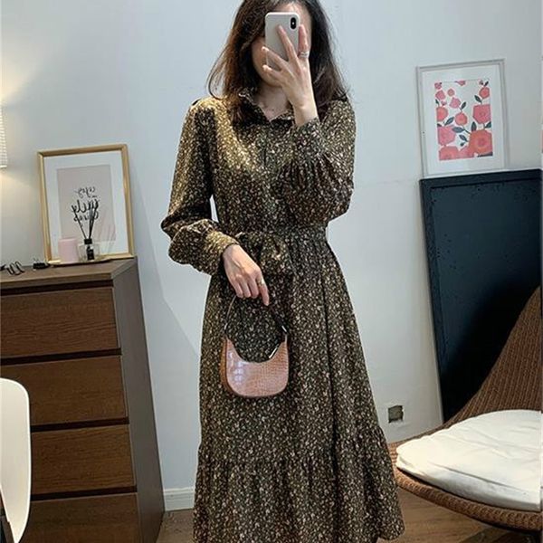 

2021 new warm plus veet winter floral loose waist belted lotus leaf over the knee long sleeve chiffon wufj, Black;gray