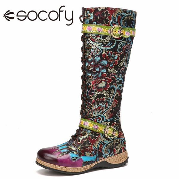 

boots socofy women retro flowers cloth splicing comfy leather lace-up zipper mid-calf round toe warm ladies shoes, Black