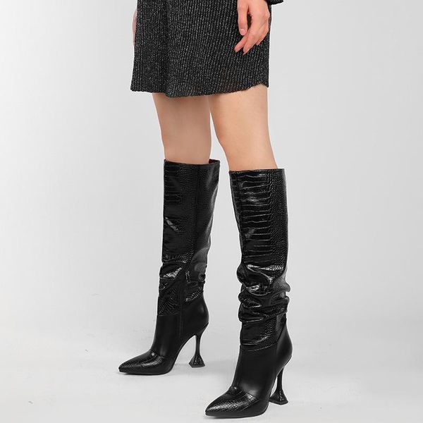 

boots large winter 2021 wind pleated high heel pointed, Black