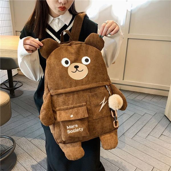 

backpack 2021 corduroy women's female cute cartoon bear stripe bag designer luxury embroidery large capacity travel