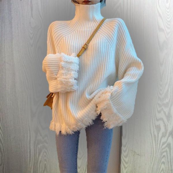 

women's sweaters 2021 women super turtleneck hem fringed solid sweater female high fashion soft pullovers with sleeve tassel, White;black