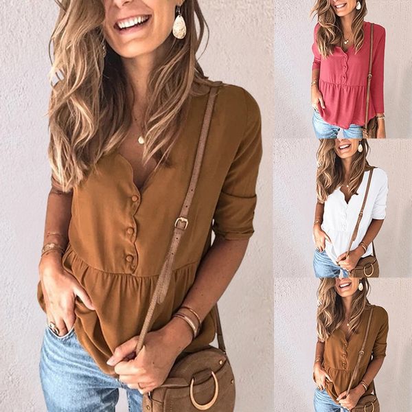 

europe the united states autumn and winter new women's solid color splicing long sleeve shirt blouse, White