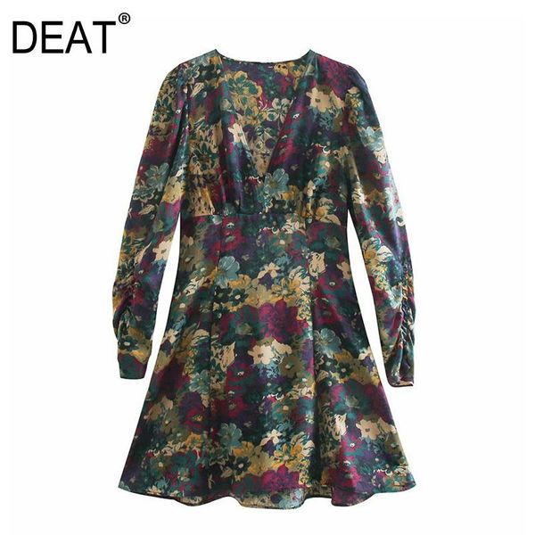 

deat] 2021 spring new fashion tide women v-neck high waist long sleeve printing a-line temperament mini dress 13w013, Black;gray