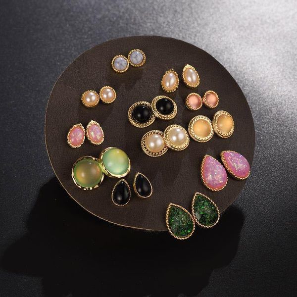 

stud juorest 12pcs/set elegant women earrings set boho punk opal gold alloy fashion flower water drop small, Golden;silver