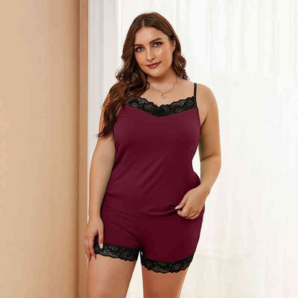 

shiying large size home suit new modal pajamas two piece lace sling pajamas, Black;red