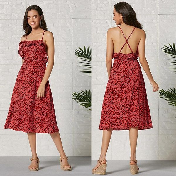 

casual dresses est style sling dress red leopard pattern printed camisole backless elegant, Black;gray
