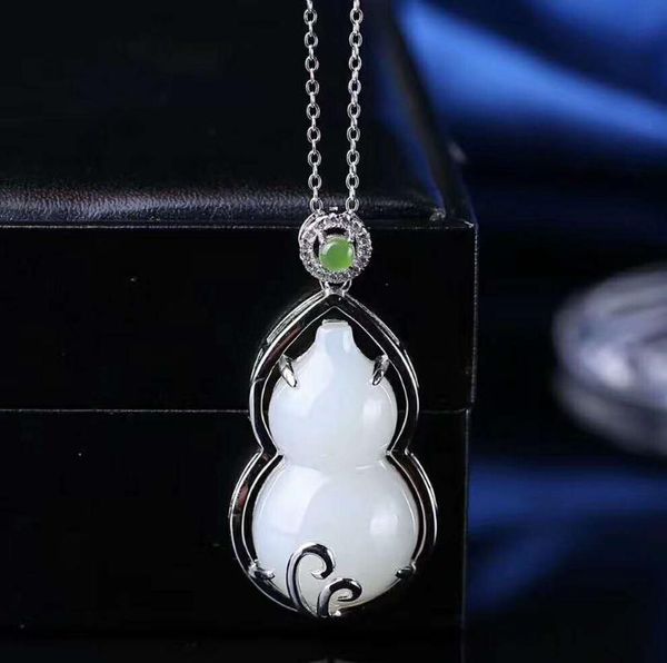 

lockets hetian baiyu silver inlay pendant white jade gourd h18#
