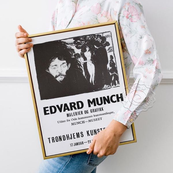 

paintings edvard munch exhibition museum poster, trondheim brukskunstforening sketch prints, malerier og grafikk black and white wall art