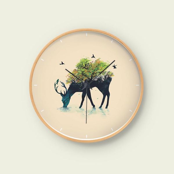

wall clocks modern silent circular cartoon animal picture clock design solid wood frame electronic living room bedroom home decor