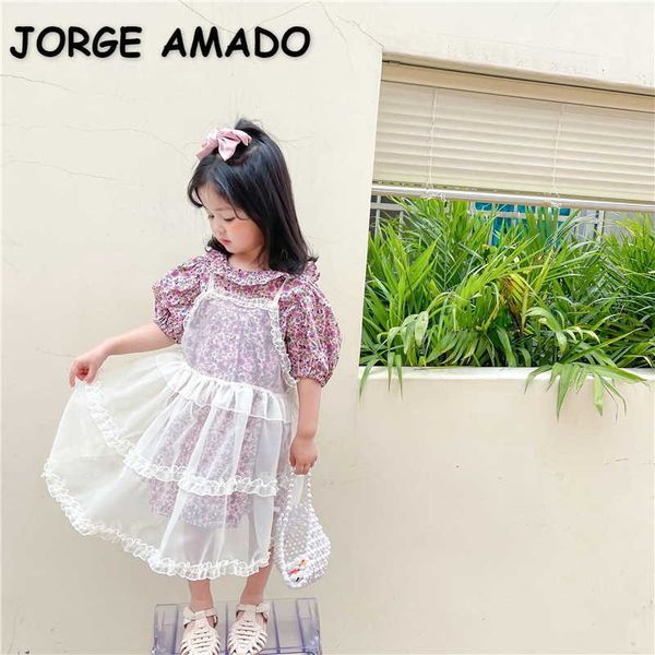 

korean style summer kids girls dress 2-pcs sets floral short sleeves+white gauze princess children clothes e6042 210610, Red;yellow