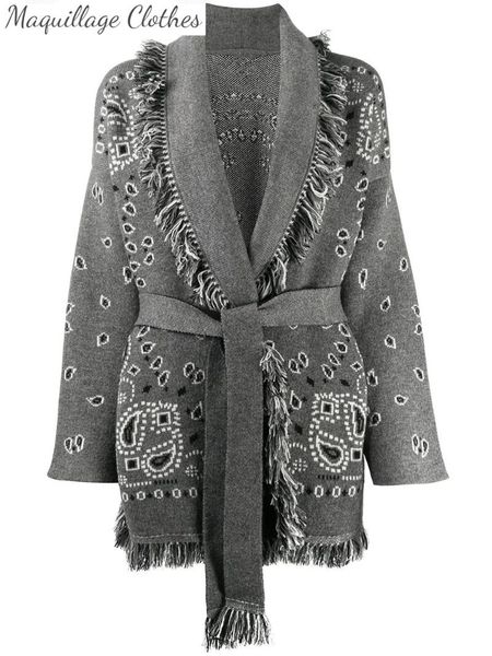 

women's knits & tees 2021 spring chic elegant belt cashmere cardigans wool tassels jacquard knitted coat c832, White