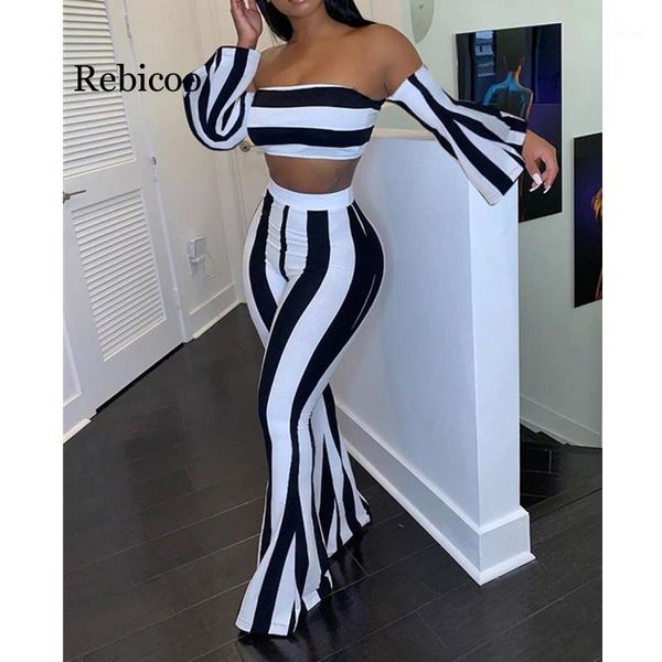 

two piece dress striped print crop bell-bottomed pants sets women pieces set short and flare, White