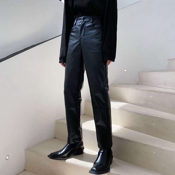

new original design sense pu leather pants men's harajuku korean style trend youth straight fashion niche street casual pantalon, Black
