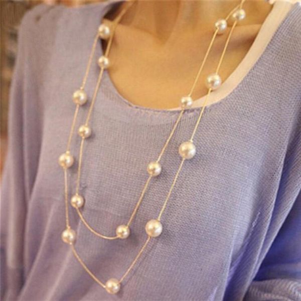 

pendant necklaces long double layer simulated pearl necklace women sweater chain female collares statement jewlery wholesale 2021, Silver