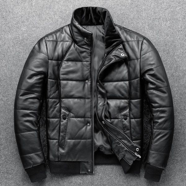 

men's leather & faux sheepskin jacket layer down cotton winter warm coat stand collar real slim and thickened clothing, Black