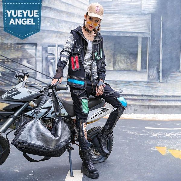 

streetwear fashion female matching set outfit personality autumn women denim hooded jacket harem jeans gothic two piece sets, White