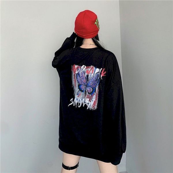 

cotton around the neck printed nightgown female butterfly loose 2021 new korean version of long sleeves student clothes in tide 2v1f, Black