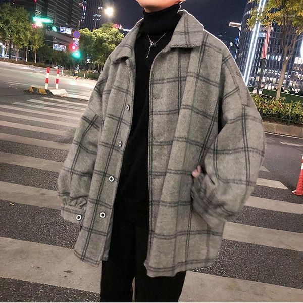 

men's jackets 2021 korean jacket check pattern coat wool street windbreaker harajuku fashion oversized, Black;brown