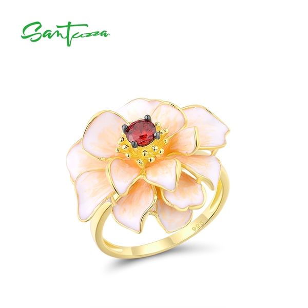 Santuzza 925 Anéis de prata esterlina para mulheres glamourosas brancas flor flor Garnet Zirconia na moda jóias fina handmade enamel 211217