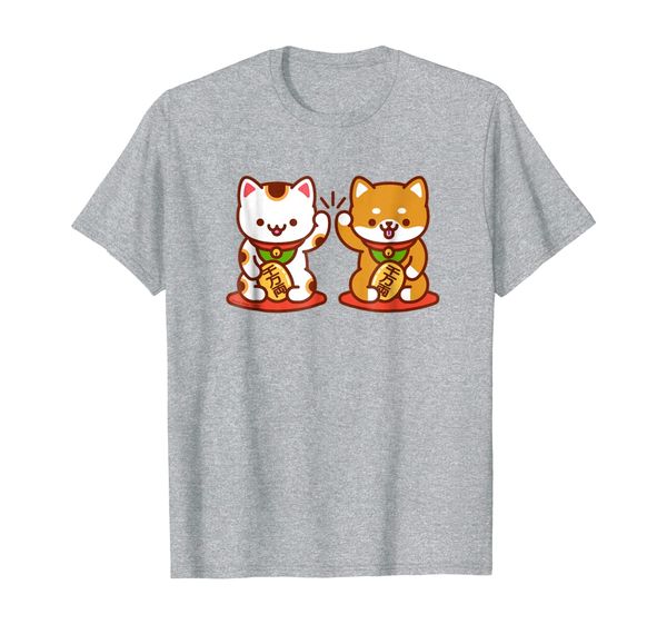 

kawaii dog cat t-shirt: maneki-neko high five - lucky cat, White;black