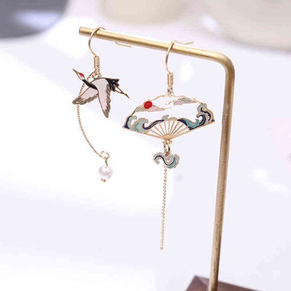 

chinese style folding fan crane cloud hanging dangle national earring women asymmetric fish cat rabbit bird animal drop earrings g220312, Silver