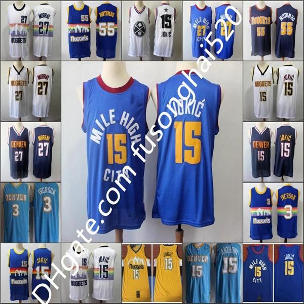 

2021 men nikola 15 jamal murray jersey 27 allen iverson dikembe mutombo basketball earned city navy red blue white red good quality, Black;red