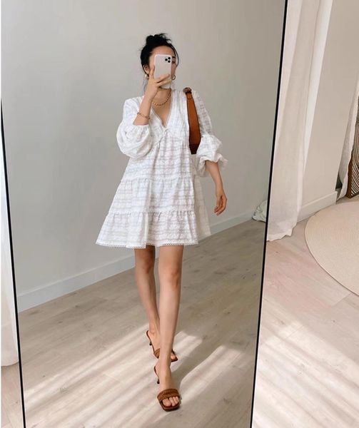 

2021 autumn spliced hollow out lace jacquard white dress sweet woman loose lantern long sleeve holiday dresses mini short beach, Red