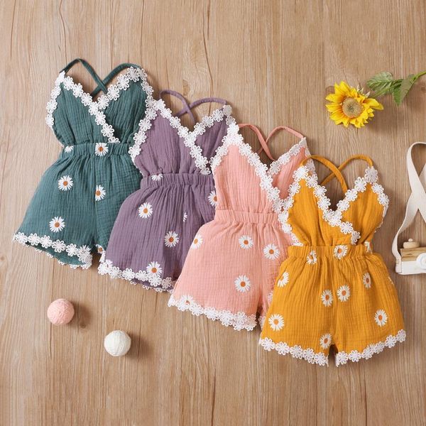 

jumpsuits children daisy print short romper girls sleeveless v-neck elastic waist sling jumpsuit with lace, Blue