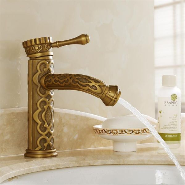 

european style retro carved tap single hole faucet antique brass rotatable durable cold water bathroom basin wash faucet