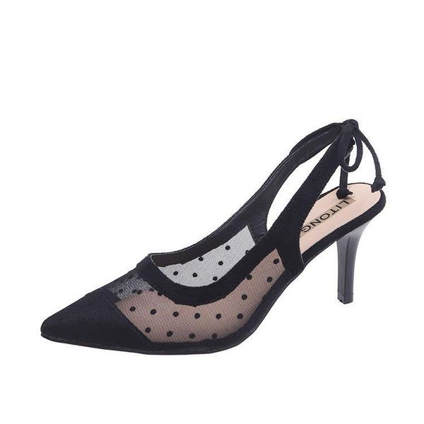 

sandals women summer polka dots korean style pointed toe baotou mesh stiletto high heels bowtie female shoes, Black