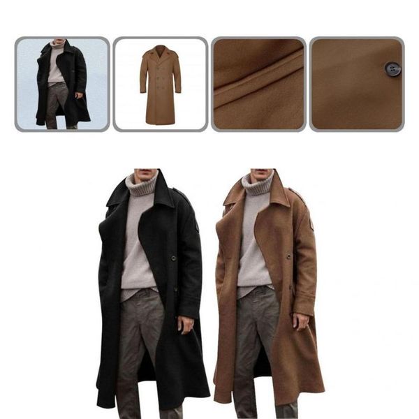 

men's trench coats solid color trendy simple retro style men long polyester coat button closure for cold weather, Tan;black