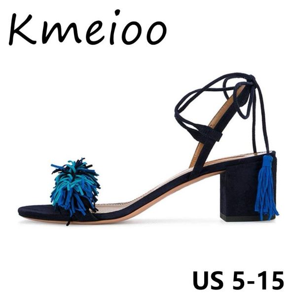 

dress shoes kmeioo 2021 us size 5-15 ankle strap gladiator sandals tassel straps summer ladies wedding flock women, Black
