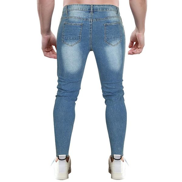 

men's jeans fashion men 2021 autumn winter mens european solid color worn hole pencil pants skinny denim boyfriend, Blue