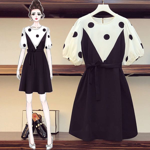 

big size women's slightly fat sister 2020 summer new age reduction cover belly waist show thin heart machine fake two dresses, Black;gray