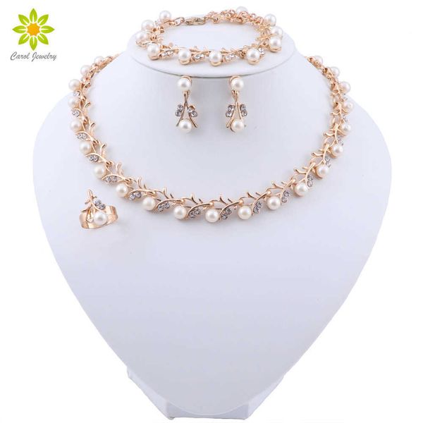 Luxo ouro cor colar brinco conjuntos de imitação pérola conjuntos de jóias para o presente de noivas para mulheres festa de casamento indiana jóias H1022