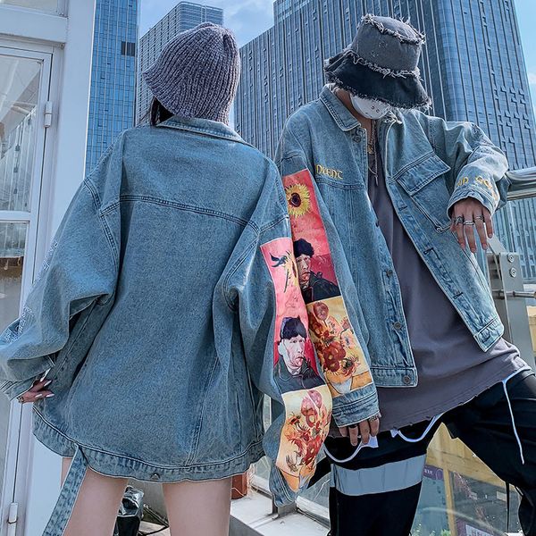 

2021 new high street oil painted embroidery jeans men and women harajuku washed lapel denim coat oversize loose windbreaker jean jackets ud3, Black;brown