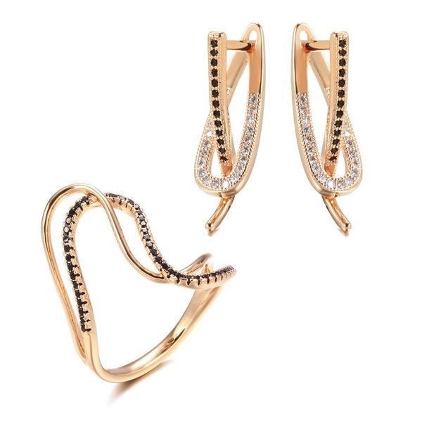

earrings & necklace kinel 585 rose gold earring ring sets for women micro paved black natural zircon twist finger bride wedding jewelry set, Silver