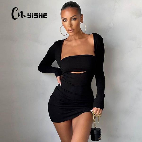 

casual dresses cnyishe hollow out knitted ribbed dress women long sleeve bodycon party midnight vestidos autumn fashion, Black;gray