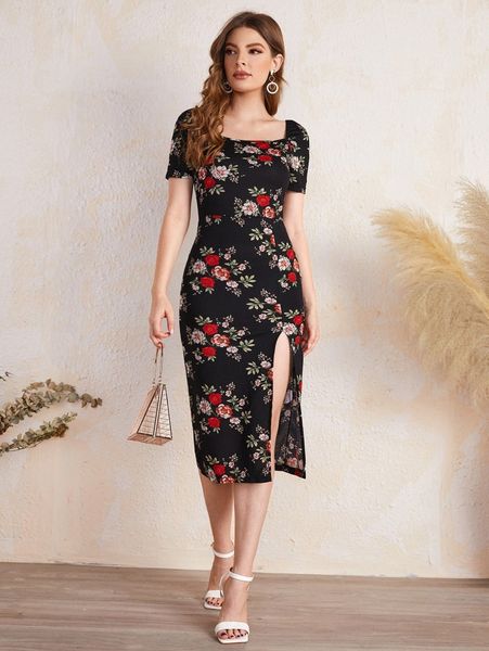 

floral print split thigh dress f9iv#, Black;gray
