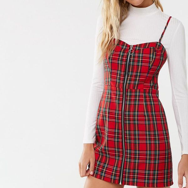 

harajuku sleeveless zipper up wome pretty dress preppy style red plaid spaghetti strap underdress cool mori girl plaid dress, Black;gray