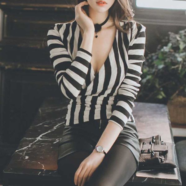 

summer autumn striped shirts v neck long sleeve blouse and 210601, White