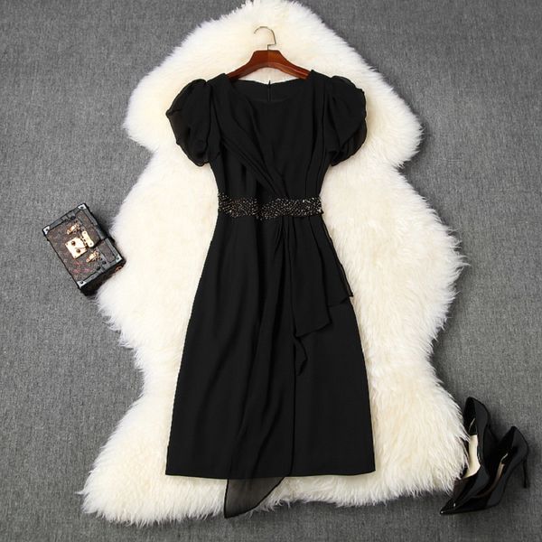 

2021 new high-quality summer short sleeve nail granular more girl code dress solid chiffon plied party dresses 72ev, Black;gray