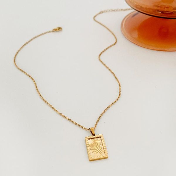 

pendant necklaces monlansher square coin necklace geometric embossed sun frame titanium steel chain vintage jewelry, Silver