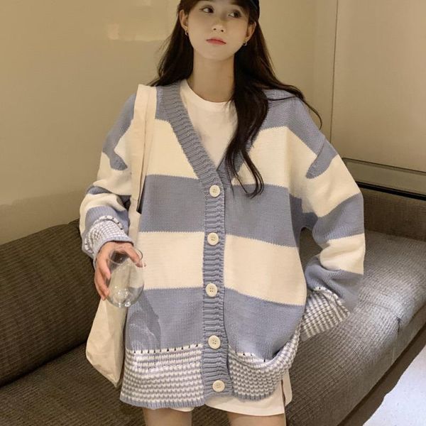 

women's knits & tees striped cardigan women knitted sweater straight single breasted v-neck japan style knitwear cardigans autumn chic, White