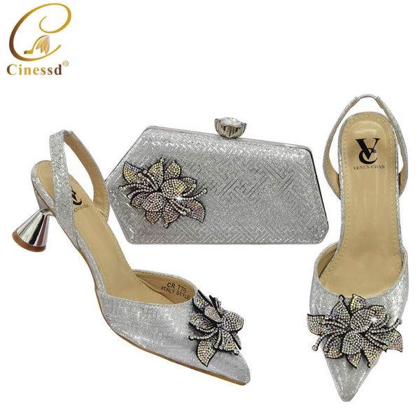 

dress shoes fashion african italian and bag set silver color matching women decorated with rhinestone nigerian, Black