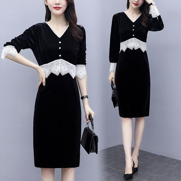 

casual dresses womens velvet lace v-neck plus size l-5xl dress xxl xxxl 3xl xxxxl 4xl 2021 autumn winter long sleeves slim party, Black;gray
