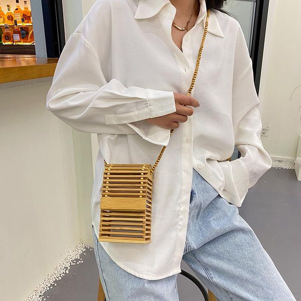 

women bamboo handbags beach bag women 2021 hand woven hollow out phone bag straw handbag ladies retro wooden basket bags holiday